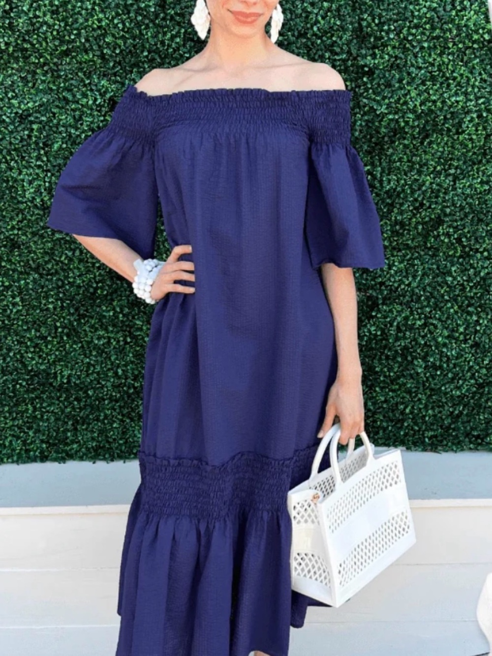 Before You Navy Blue Off-Shoulder Smocked Seersucker Midi Dress Boho Fair Chic